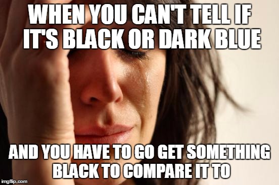 First World Problems | WHEN YOU CAN'T TELL IF IT'S BLACK OR DARK BLUE AND YOU HAVE TO GO GET SOMETHING BLACK TO COMPARE IT TO | image tagged in memes,first world problems | made w/ Imgflip meme maker