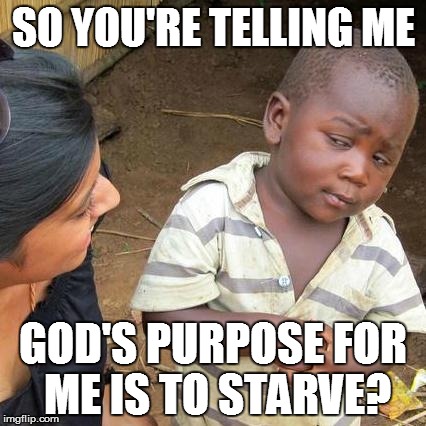 Third World Skeptical Kid | SO YOU'RE TELLING ME GOD'S PURPOSE FOR ME IS TO STARVE? | image tagged in memes,third world skeptical kid | made w/ Imgflip meme maker