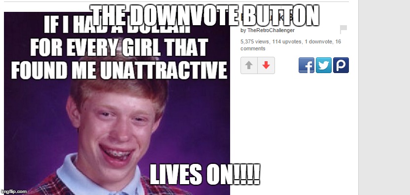 its alive! | THE DOWNVOTE BUTTON LIVES ON!!!! | image tagged in memes,bad luck brian | made w/ Imgflip meme maker