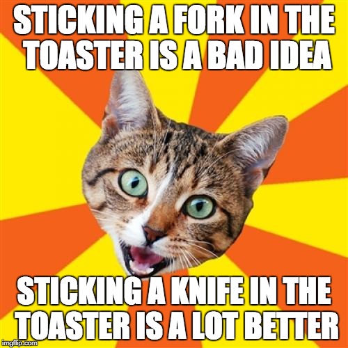 Bad Advice Cat Meme | STICKING A FORK IN THE TOASTER IS A BAD IDEA STICKING A KNIFE IN THE TOASTER IS A LOT BETTER | image tagged in memes,bad advice cat | made w/ Imgflip meme maker