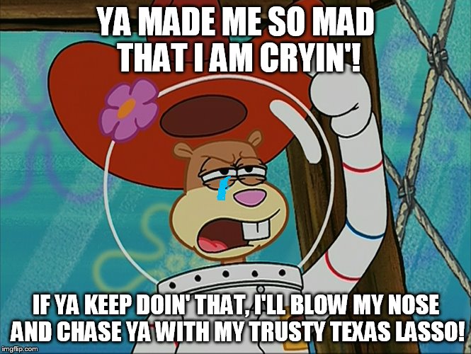 Sandy - Ya Made Me So Mad That I'm Cryin'! | YA MADE ME SO MAD THAT I AM CRYIN'! IF YA KEEP DOIN' THAT, I'LL BLOW MY NOSE AND CHASE YA WITH MY TRUSTY TEXAS LASSO! | image tagged in sandy - ya made me so mad that i am cryin',memes,spongebob squarepants,sandy cheeks cowboy hat,texas girl,sandy cheeks crying | made w/ Imgflip meme maker