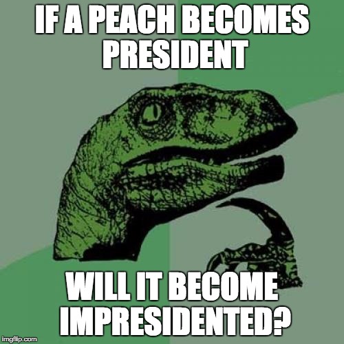 Philosoraptor Meme | IF A PEACH BECOMES PRESIDENT WILL IT BECOME IMPRESIDENTED? | image tagged in memes,philosoraptor | made w/ Imgflip meme maker