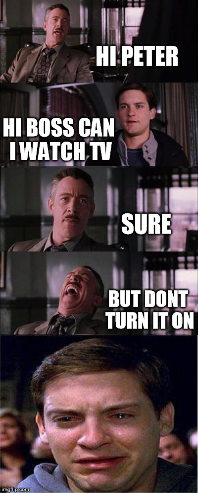 Peter Parker Cry Meme | HI PETER HI BOSS CAN I WATCH TV SURE BUT DONT TURN IT ON | image tagged in memes,peter parker cry | made w/ Imgflip meme maker