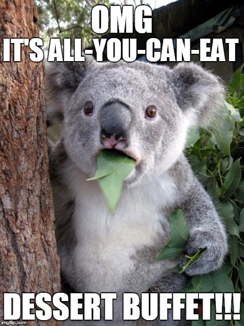 Surprised Koala | OMG DESSERT BUFFET!!! IT'S ALL-YOU-CAN-EAT | image tagged in memes,surprised coala | made w/ Imgflip meme maker