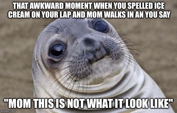 this happened to me..... | THAT AWKWARD MOMENT WHEN YOU SPELLED ICE CREAM ON YOUR LAP AND MOM WALKS IN AN YOU SAY "MOM THIS IS NOT WHAT IT LOOK LIKE" | image tagged in memes,awkward moment sealion | made w/ Imgflip meme maker