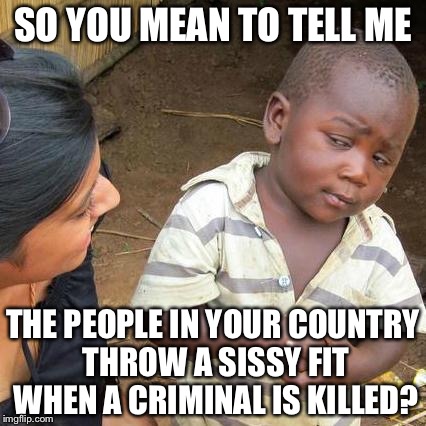 Third World Skeptical Kid Meme | SO YOU MEAN TO TELL ME THE PEOPLE IN YOUR COUNTRY THROW A SISSY FIT WHEN A CRIMINAL IS KILLED? | image tagged in memes,third world skeptical kid | made w/ Imgflip meme maker