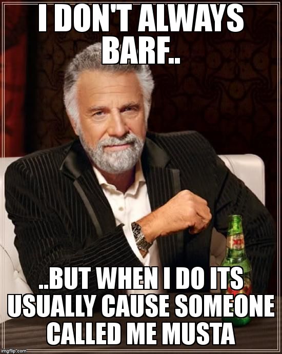 The Most Interesting Man In The World Meme | I DON'T ALWAYS BARF.. ..BUT WHEN I DO ITS USUALLY CAUSE SOMEONE CALLED ME MUSTA | image tagged in memes,the most interesting man in the world | made w/ Imgflip meme maker