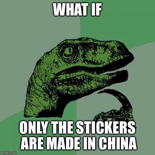Philosoraptor Meme | WHAT IF ONLY THE STICKERS ARE MADE IN CHINA | image tagged in memes,philosoraptor | made w/ Imgflip meme maker