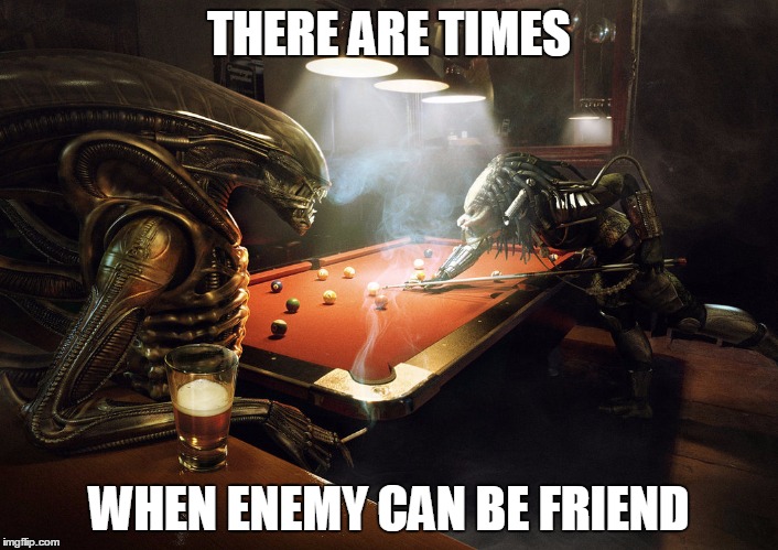 AVP life theories | THERE ARE TIMES WHEN ENEMY CAN BE FRIEND | image tagged in aliens,predator,vs | made w/ Imgflip meme maker