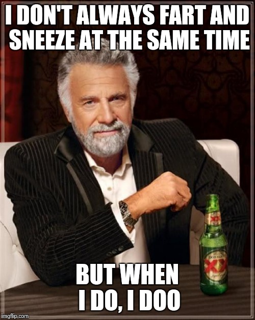 The Most Interesting Man In The World | I DON'T ALWAYS FART AND SNEEZE AT THE SAME TIME BUT WHEN I DO, I DOO | image tagged in memes,the most interesting man in the world | made w/ Imgflip meme maker