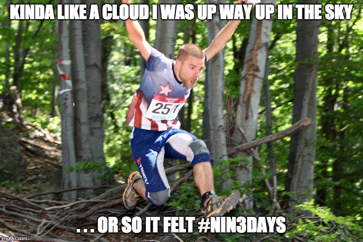 KINDA LIKE A CLOUD I WAS UP WAY UP IN THE SKY . . . OR SO IT FELT #NIN3DAYS | image tagged in usa orienteering | made w/ Imgflip meme maker