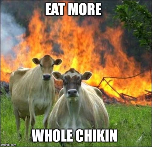 Evil Cows | EAT MORE WHOLE CHIKIN | image tagged in memes,evil cows | made w/ Imgflip meme maker