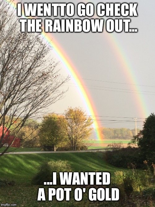 End Of The Rainbow Bummer | I WENTTO GO CHECK THE RAINBOW OUT... ...I WANTED A POT O' GOLD | image tagged in rainbow,gold | made w/ Imgflip meme maker