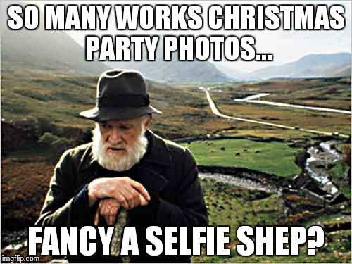 Irish farmer | SO MANY WORKS CHRISTMAS PARTY PHOTOS... FANCY A SELFIE SHEP? | image tagged in irish farmer | made w/ Imgflip meme maker