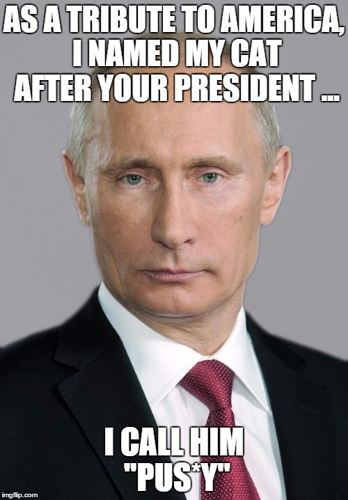 putin | AS A TRIBUTE TO AMERICA, I NAMED MY CAT AFTER YOUR PRESIDENT ... I CALL HIM "PUS*Y" | image tagged in putin | made w/ Imgflip meme maker