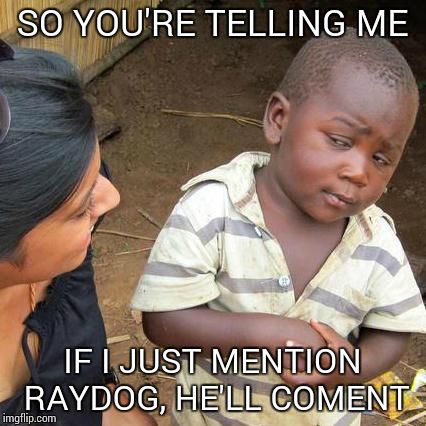 Third World Skeptical Kid Meme | SO YOU'RE TELLING ME IF I JUST MENTION RAYDOG, HE'LL COMENT | image tagged in memes,third world skeptical kid | made w/ Imgflip meme maker