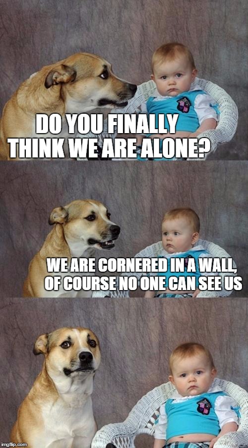 Dad Joke Dog Meme | DO YOU FINALLY THINK WE ARE ALONE? WE ARE CORNERED IN A WALL, OF COURSE NO ONE CAN SEE US | image tagged in memes,dad joke dog | made w/ Imgflip meme maker