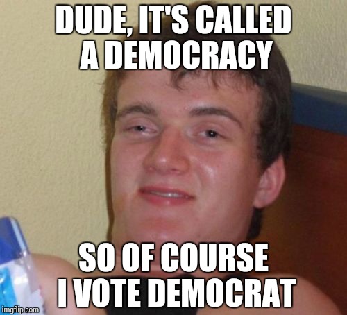 10 Guy Meme | DUDE, IT'S CALLED A DEMOCRACY SO OF COURSE I VOTE DEMOCRAT | image tagged in memes,10 guy | made w/ Imgflip meme maker