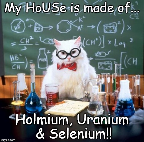 Chemistry Cat | My HoUSe is made of... Holmium, Uranium & Selenium!! | image tagged in memes,chemistry cat,house,holmium,uranium,selenium | made w/ Imgflip meme maker