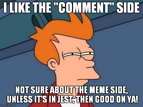 Futurama Fry Meme | I LIKE THE "COMMENT" SIDE NOT SURE ABOUT THE MEME SIDE, UNLESS IT'S IN JEST, THEN GOOD ON YA! | image tagged in memes,futurama fry | made w/ Imgflip meme maker