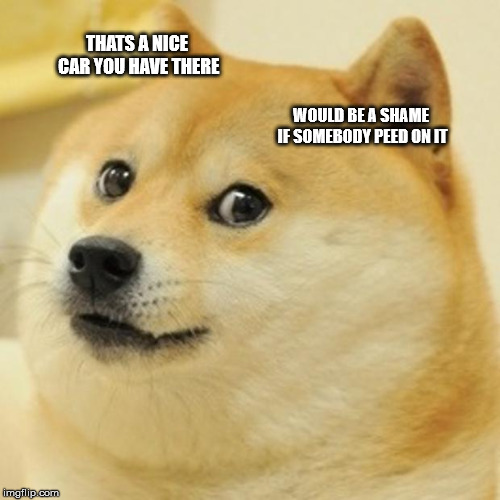 Doge | THATS A NICE CAR YOU HAVE THERE WOULD BE A SHAME IF SOMEBODY PEED ON IT | image tagged in memes,doge | made w/ Imgflip meme maker