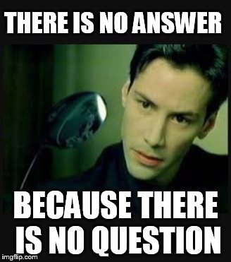 There is no spoon | THERE IS NO ANSWER BECAUSE THERE IS NO QUESTION | image tagged in there is no spoon | made w/ Imgflip meme maker