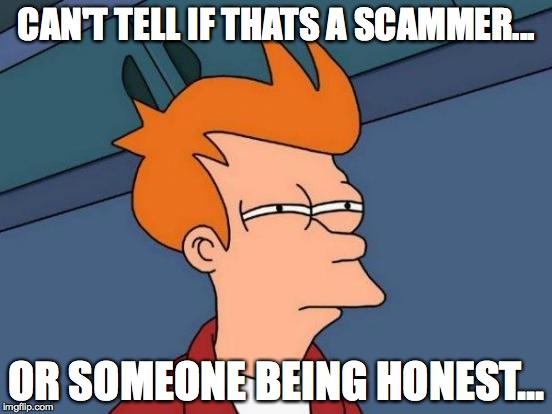 Futurama Fry | CAN'T TELL IF THATS A SCAMMER... OR SOMEONE BEING HONEST... | image tagged in memes,futurama fry | made w/ Imgflip meme maker