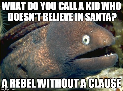 Bad Joke Eel Meme | WHAT DO YOU CALL A KID WHO DOESN'T BELIEVE IN SANTA? A REBEL WITHOUT A CLAUSE | image tagged in memes,bad joke eel | made w/ Imgflip meme maker