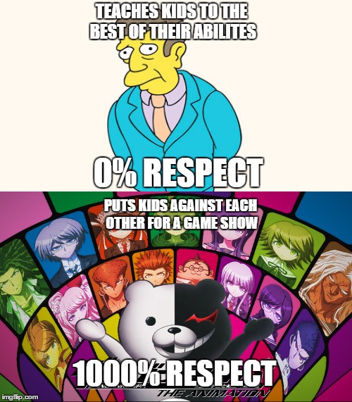 Reality of Teaching | TEACHES KIDS TO THE BEST OF THEIR ABILITES 0% RESPECT PUTS KIDS AGAINST EACH OTHER FOR A GAME SHOW 1000% RESPECT | image tagged in skinner,simpsons,danganronpa,anime | made w/ Imgflip meme maker