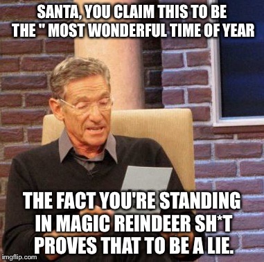 Maury Lie Detector | SANTA, YOU CLAIM THIS TO BE THE " MOST WONDERFUL TIME OF YEAR THE FACT YOU'RE STANDING IN MAGIC REINDEER SH*T PROVES THAT TO BE A LIE. | image tagged in memes,maury lie detector | made w/ Imgflip meme maker