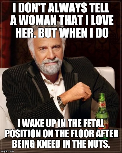 The Most Interesting Man In The World Meme | I DON'T ALWAYS TELL A WOMAN THAT I LOVE HER. BUT WHEN I DO I WAKE UP IN THE FETAL POSITION ON THE FLOOR AFTER BEING KNEED IN THE NUTS. | image tagged in memes,the most interesting man in the world | made w/ Imgflip meme maker