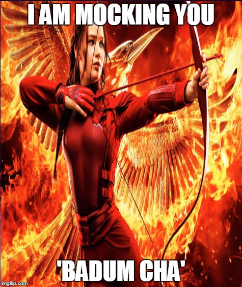 The Worst Hunger Games Joke Ever | I AM MOCKING YOU 'BADUM CHA' | image tagged in hunger games mockingjay | made w/ Imgflip meme maker