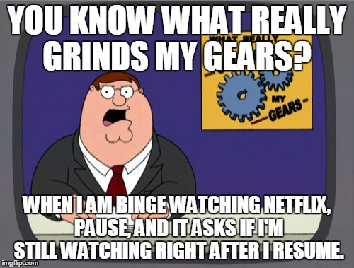 Peter Griffin News Meme | YOU KNOW WHAT REALLY GRINDS MY GEARS? WHEN I AM BINGE WATCHING NETFLIX, PAUSE, AND IT ASKS IF I'M STILL WATCHING RIGHT AFTER I RESUME. | image tagged in memes,peter griffin news | made w/ Imgflip meme maker