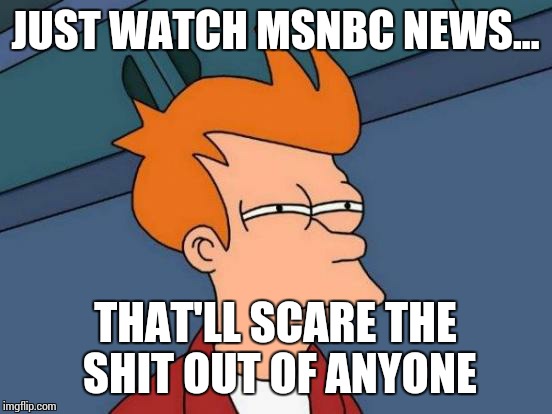 Futurama Fry Meme | JUST WATCH MSNBC NEWS... THAT'LL SCARE THE SHIT OUT OF ANYONE | image tagged in memes,futurama fry | made w/ Imgflip meme maker
