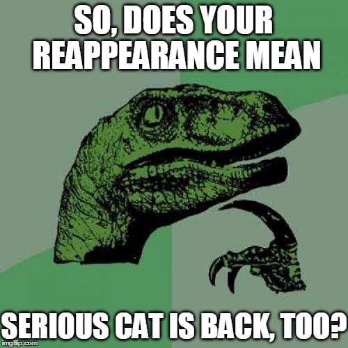 Philosoraptor Meme | SO, DOES YOUR REAPPEARANCE MEAN SERIOUS CAT IS BACK, TOO? | image tagged in memes,philosoraptor | made w/ Imgflip meme maker