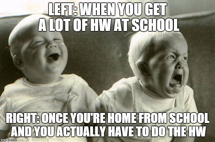 LEFT: WHEN YOU GET A LOT OF HW AT SCHOOL RIGHT: ONCE YOU'RE HOME FROM SCHOOL AND YOU ACTUALLY HAVE TO DO THE HW | image tagged in expectation vs reality,happysadbabies,babies,school | made w/ Imgflip meme maker