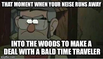 THAT MOMENT WHEN YOUR NEISE RUNS AWAY INTO THE WOODS TO MAKE A DEAL WITH A BALD TIME TRAVELER | made w/ Imgflip meme maker