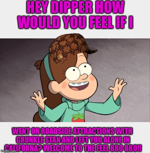 HEY DIPPER HOW WOULD YOU FEEL IF I WENT ON ROADSIDE ATTRACTIONS WITH GRUNKLE STAN AND LEFT YOU ALONE IN CALIFORNA? WELCOME TO THE FEEL BRO B | made w/ Imgflip meme maker