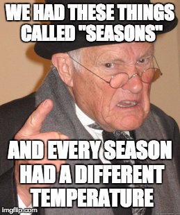 Back In My Day Meme | WE HAD THESE THINGS CALLED "SEASONS" AND EVERY SEASON HAD A DIFFERENT TEMPERATURE | image tagged in memes,back in my day | made w/ Imgflip meme maker