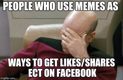 Captain Picard Facepalm | PEOPLE WHO USE MEMES AS WAYS TO GET LIKES/SHARES ECT ON FACEBOOK | image tagged in memes,captain picard facepalm | made w/ Imgflip meme maker