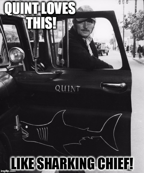 quint | QUINT LOVES THIS! LIKE SHARKING CHIEF! | image tagged in funny | made w/ Imgflip meme maker