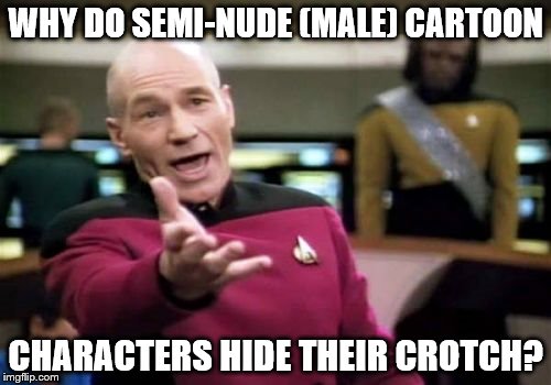 Picard Wtf | WHY DO SEMI-NUDE (MALE) CARTOON CHARACTERS HIDE THEIR CROTCH? | image tagged in memes,picard wtf | made w/ Imgflip meme maker