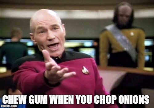 Picard Wtf Meme | CHEW GUM WHEN YOU CHOP ONIONS | image tagged in memes,picard wtf | made w/ Imgflip meme maker