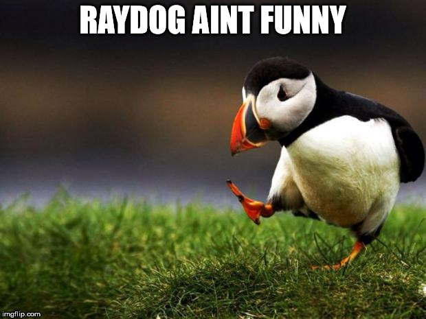 Unpopular Opinion Puffin | RAYDOG AINT FUNNY | image tagged in memes,unpopular opinion puffin | made w/ Imgflip meme maker