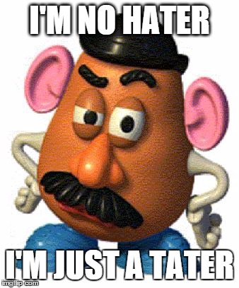 Just call me the, "no hater tater" | I'M NO HATER I'M JUST A TATER | image tagged in mr potato head,memes,funny memes,no hater tater | made w/ Imgflip meme maker