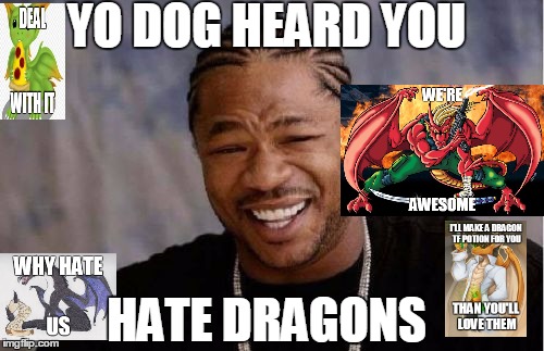 Yo Dawg Heard You Meme | YO DOG HEARD YOU HATE DRAGONS | image tagged in memes,yo dawg heard you,dragons,pizza,scroll,scientist | made w/ Imgflip meme maker