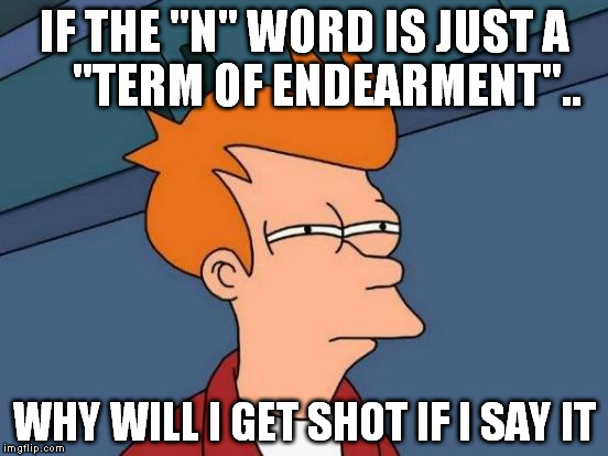 Futurama Fry Meme | IF THE "N" WORD IS JUST A 




"TERM OF ENDEARMENT".. WHY WILL I GET SHOT IF I SAY IT | image tagged in memes,futurama fry | made w/ Imgflip meme maker