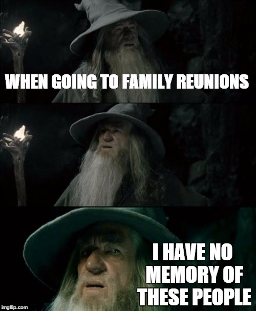 Confused Gandalf | WHEN GOING TO FAMILY REUNIONS I HAVE NO MEMORY OF THESE PEOPLE | image tagged in memes,confused gandalf | made w/ Imgflip meme maker