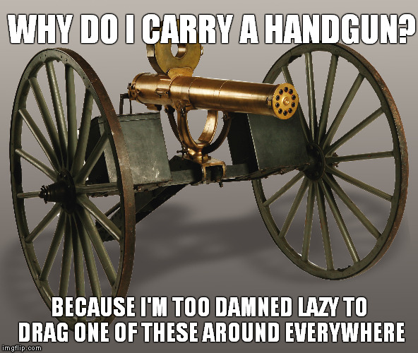 Why I carry | WHY DO I CARRY A HANDGUN? BECAUSE I'M TOO DAMNED LAZY TO DRAG ONE OF THESE AROUND EVERYWHERE | image tagged in gun control | made w/ Imgflip meme maker