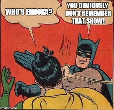 Batman Slapping Robin Meme | WHO'S ENDORA? YOU OBVIOUSLY DON'T REMEMBER THAT SHOW! | image tagged in memes,batman slapping robin | made w/ Imgflip meme maker